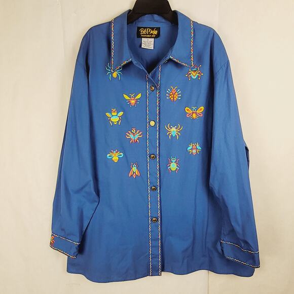 Bob Mackie Wearable Art blue bug embroidered button up shirt Size 1X Western - Picture 1 of 9